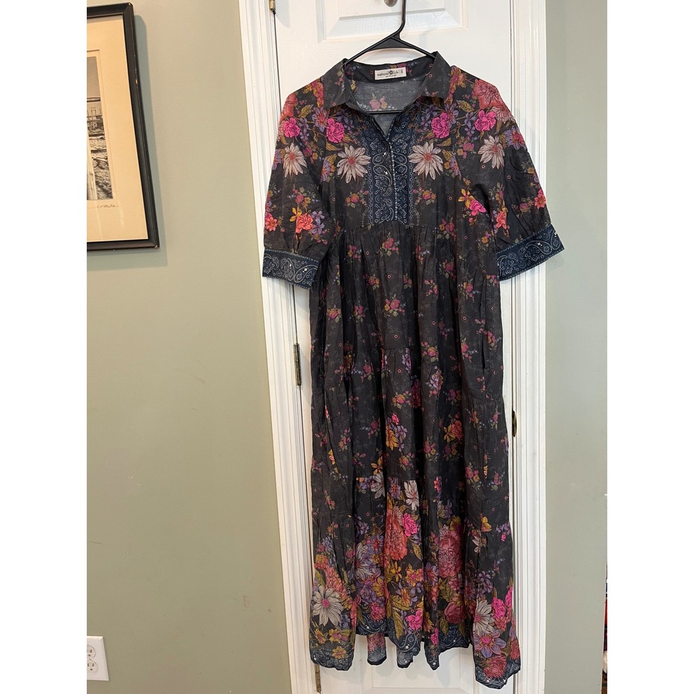 Natural Life Womens Floral Paisley Tiered Midi Dress Grey Boho Button Down S b2